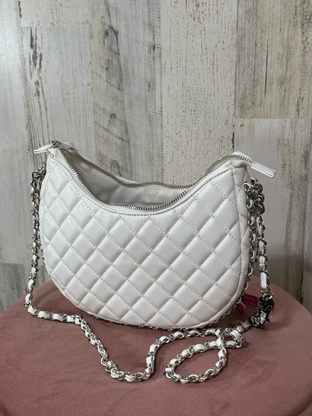 White Quilted Crossbody Bag with Chain Strap and Beaded 'LOVE' Accent